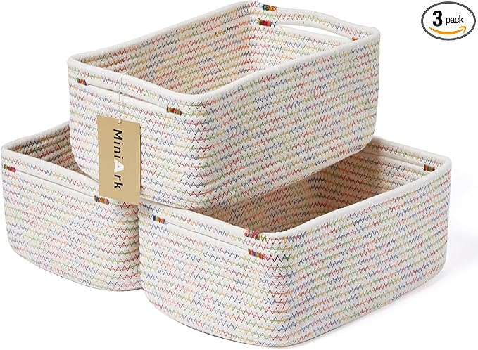 Small Storage Baskets for Organizing | Closet Organizer Bins | Shelf Toy Basket | Woven Rope Baskets | Cube Decorative Box | Shallow Basket | 13x8.5x5.1” | 3 Packs Rainbow
