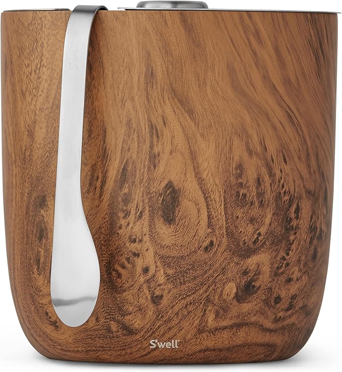 S’well Stainless Steel Ice Bucket with Tongs, 68oz Capacity, Teakwood Finish, Triple-Layer Vacuum Insulated to Keep Ice Colder Longer, BPA-Free Barware