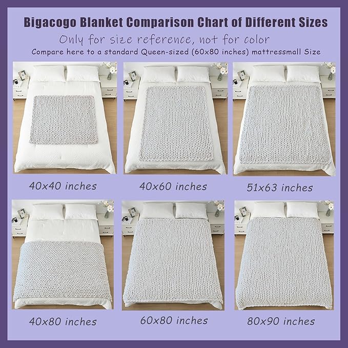 Bigacogo Chunky Knit Throw Blanket for Couch, 51x63 inches, 100% Hand Knitted with Thick Jumbo Chenille Yarn, Cozy Soft Large Rope Knot Cable Crochet Blankets for Sofa Bed Living Room, Ivory