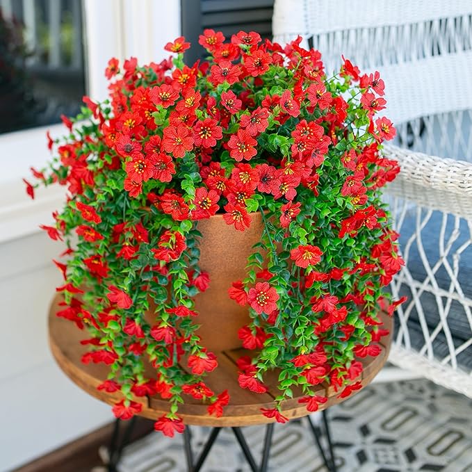 INSPRING Artificial Faux Outdoor Outside Flowers Plants, 2 PCS Fake Silk UV Resistant Look Real Red Daisy Trailing Vines for Front Door Porch Planter Urn Patio Balcony Decoration