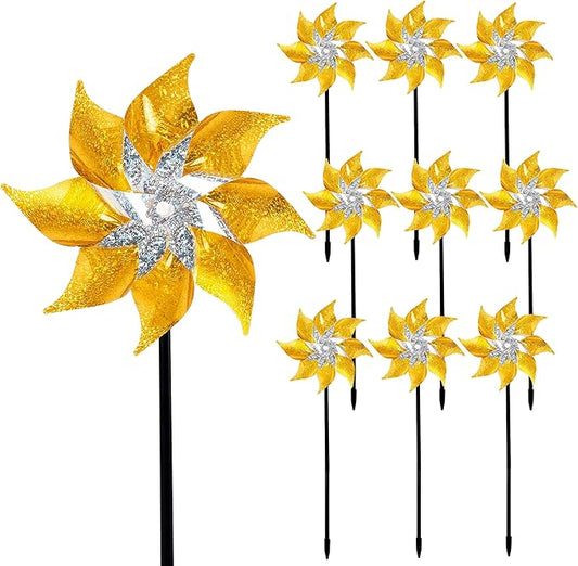Hausse 10 Pack Reflective Pinwheels with Stakes, Extra Sparkly Pin Wheel for Garden Decor, Bird Repellent Devices Deterrent to Scare Birds Away from Yard Patio Farm, Golden