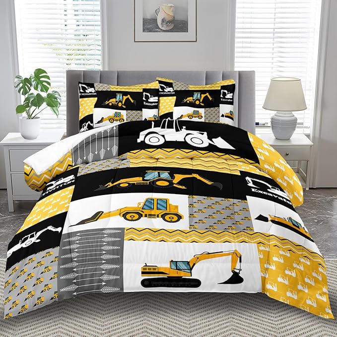 Construction Comforter Set King Boys,Yellow King Construction Bedding Set,Engineering Vehicles Comforter Yellow Bedroom Decor Kids,Truck Quilt Cartoon Truck Bedding for Teen