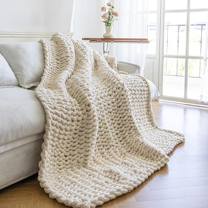 Chunky Knit Blanket - Luxury Soft Cozy 60 * 80 Throw Blanket,100% Woven Blanket Rope Knot Throw Blanket for Couch, Sofa, Home Decor, Gift - Machine Washable（Cream）