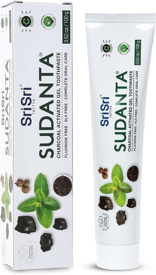 Sri Sri Tattva Sudanta Charcoal Toothpaste Gel – SLS, Fluoride Free Herbal Toothpaste with Neem & Ayurvedic Herbs – Natural Teeth Whitening, Fresh Breath, Oral & Gum Health – 100g Tube (Pack of 1)