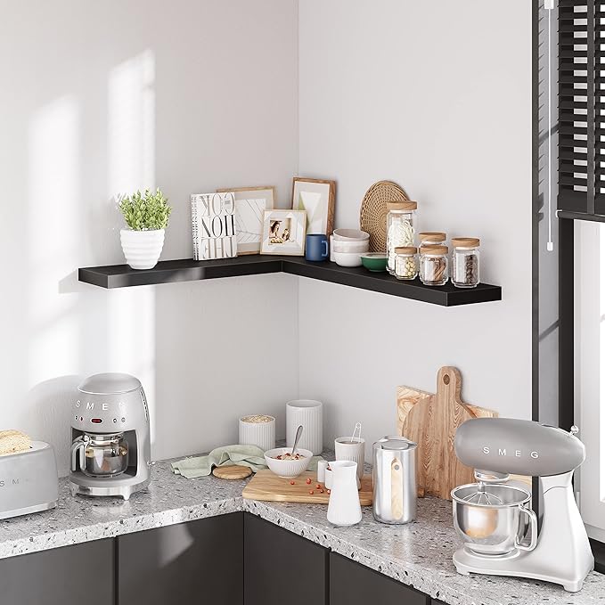 BAMEOS Floating Shelves, 35 Wx7 D Black Wall Mounted Wooden Shelves with Invisible Brackets Set of 2, Hanging Wall Shelves Decoration for Bedroom and Kitchen