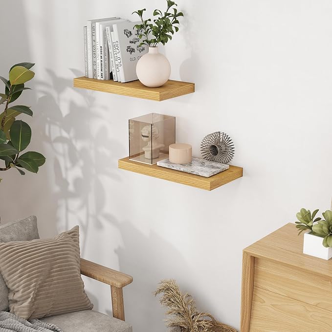 Fun Memories 16 Floating Shelves for Wall, 9 Inch Deep Floating Shelf for Bathroom, Rustic 16 x 9 Floating Shelf for Kitchen, Bedroom, Wide Wooden Shelves Wall Mounted, Oak Color, Set of 2