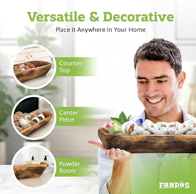 Wooden Dough Bowl for Decor - 17¾ in Long Hand Carved Paulownia, Large Rustic Decorative Bowl for Home Table Centerpiece, Keys, Entryway Table, Catchall Tray & Wooden Dining Room Centerpiece