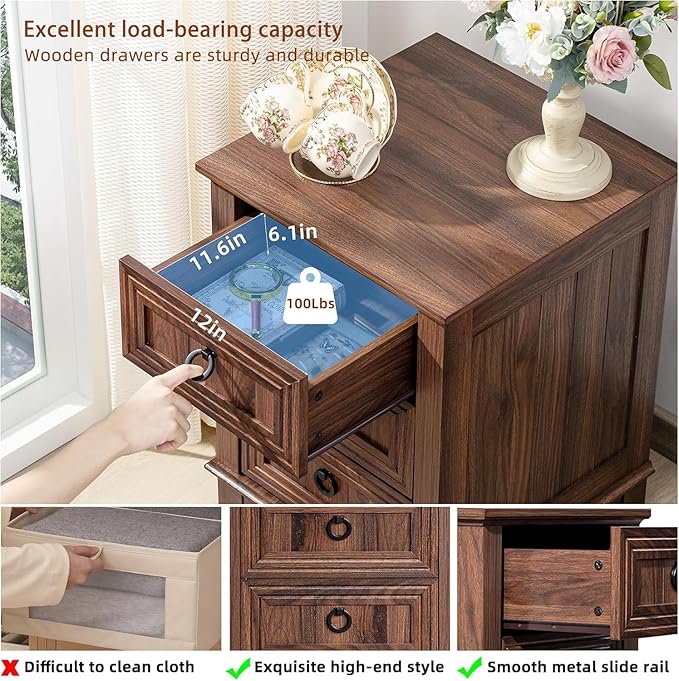 18" Farmhouse Night Stands Set of 2 with Charging Station, 2 & 3 Drawers End Table Dresser for Bedroom, Brown Wooden Nightstand, Bed Side Table with Open Shelf, Bedside Cabinet for Living Room