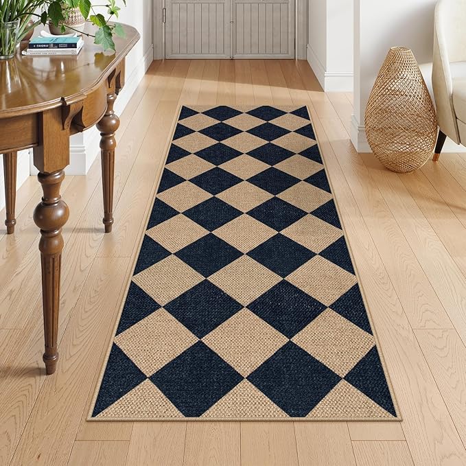 Lahome Checkered Easy Jute Runner, 2x6 Kitchen Runner Rug Non Slip Washable Outdoor Rug for Entryway Indoor, Checkerboard Black Indoor Outdoor Carpet for Hallway 6ft Entry Front Door