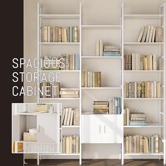 70x78 “ Triple 6 Tier Book Shelf, Industrial Large Bookcase with Storage Cabinet, Tall Bookshelf with 16 Open Display Shelves Metal Frame Furniture for Living Room Bedroom Home Office White