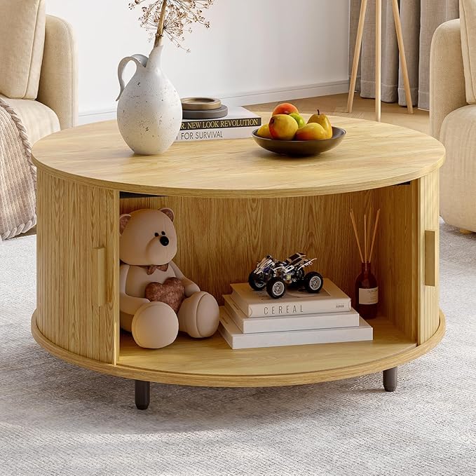 Round Coffee Table with Storage, 31.5" Modern Coffee Table with 360° Curved Sliding Door, Fluted Wood Accent Coffee Table with Adjustable Footpads, Round Center Table for Living Room, Oak