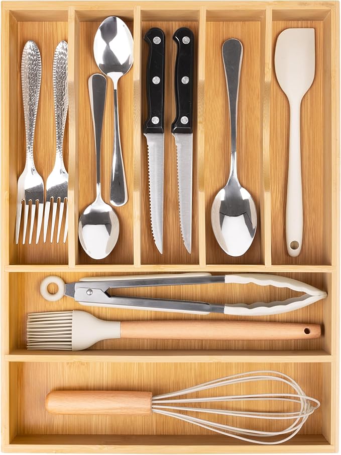 Bellsal Bamboo Silverware Drawer Organizer, Kitchen Utensil Drawer Organizers, 12"x15.7" Utensils Holder Cutlery Tray with Grooved Drawer Dividers for Kitchen Flatware Bedroom Office(7 Slot, Natural)