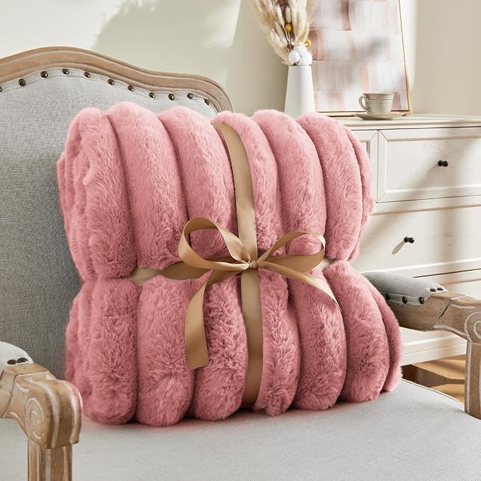 BEDELITE Faux Fur Throw Blanket for Couch, Soft and Cozy Luxurious 3D Striped Fluffy Blanket, 770GSM Thick Warm Plush Fuzzy Faux Rabbit Fur Blanket for Women Gift (Pink, 60"x 80")