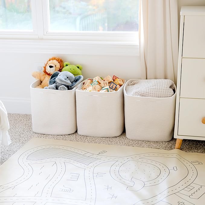 NaturalCozy 13x15x13 Kallax Storage Cubes, 3 Pack | Cotton Rope Cube Storage Bins Woven Baskets for Organizing | Kallax Insert Baskets for Shelves Organizer, Kids Toy, Pantry, Closet, Baby Nursery
