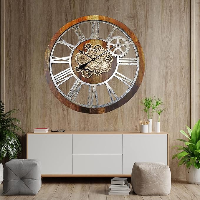 The Gears Clock 36'' Inch Real Moving Gear Wall Clock Vintage Industrial Oversized Rustic Farmhouse (Vintage Brown)