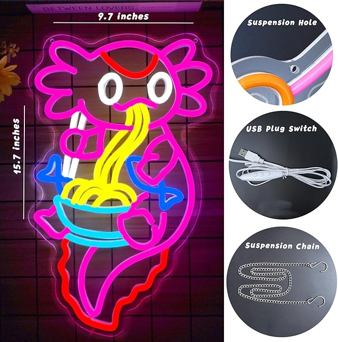 Axolotl Ramen Neon Sign for Wall Decor Dimmable Axolotl Eating Noodles LED Neon Light Cut Japanese Neon Sign Anime Neon Signs for Japan Restaurant, Home Wall Art and Kitchen Decor(15.7 * 9.7inch)