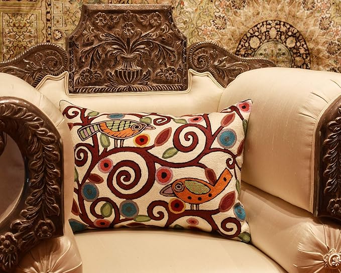 Lumbar Klimt Modern Pillow Cover | Cream, Multicolor Tree of Life, Birds, Floral Suzani Floral Pattern | 14" x 20" | 1 Count
