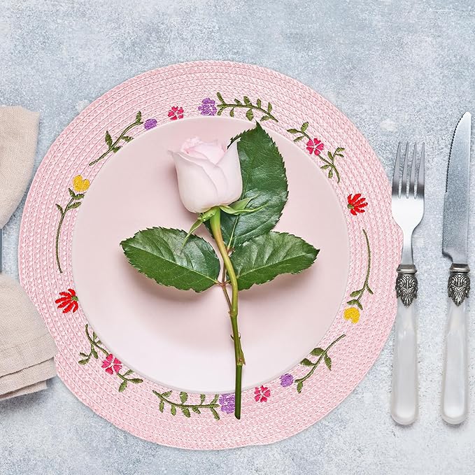 Whaline 4Pcs Round Placemats Spring Flower Embroidered Place Mats Pink Floral Dinner Table Mats for Home Holiday Wedding Bridal Baby Shower Birthday Party Decor
