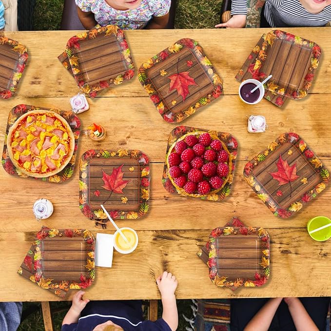 200Pcs Fall Party Decorations Watercolor Autumn Maple Leaves Paper Plates and Napkins Thanksgiving Wooden Grain Tableware Sets for Holiday Harvest Birthday Wedding Dinner Party Supplies Serves 50