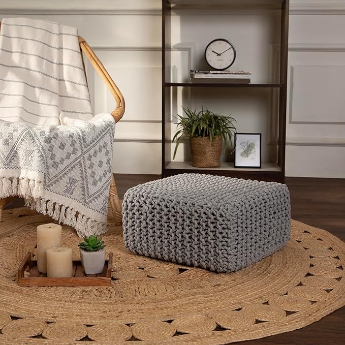 REDEARTH · Cube Low Pouf Foot Stool Ottoman - Hand Knitted Poof - Cord Boho Pouffe - Home Décor - Stuffed Footrest for Living Room - Nursery - Bedroom - Patio (16" x 16" x 8") - Light Gray