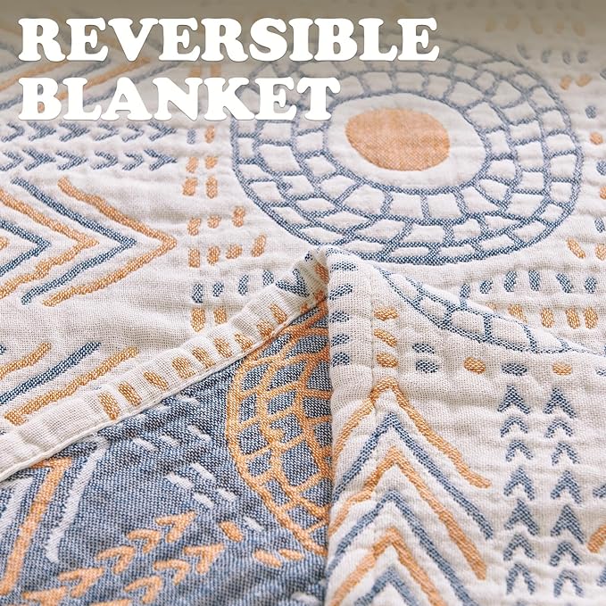 jinchan Boho 100% Cotton Muslin Twin Size 60x80 Throw Blanket Lightweight 4-Layer Orange Reversible Blanket Washable Breathable Geometric Striped Pattern Soft Comfy for Couch Bed Decor All Seasons