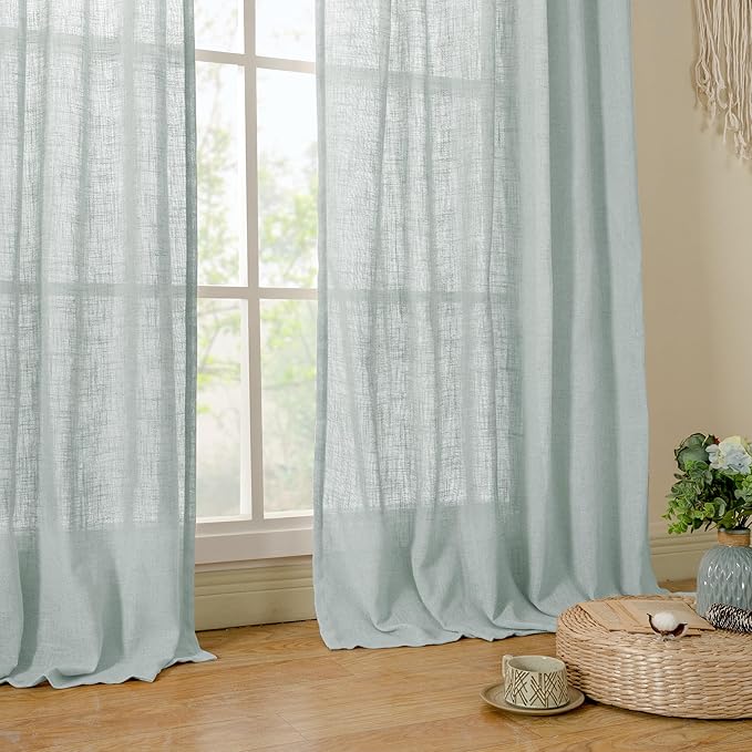 LAMIT Greyish Blue Linen Sheer Curtains 84 inch for Bedroom, Linen Textured Light Filtering Drapes Bronze Grommet Boho Panels for Farmhouse/Living Room, 2 Panels, 52 x 84 Inch