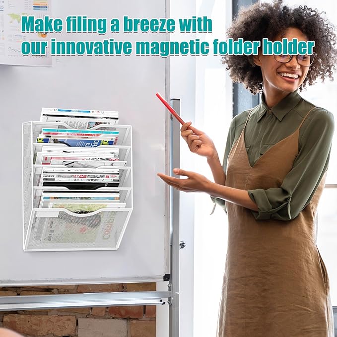 5-Tier Magnetic File Organizer, No Drilling Installation, White Magnetic Paper Holder, Magazine Rack for Refrigerator and File Cabinets