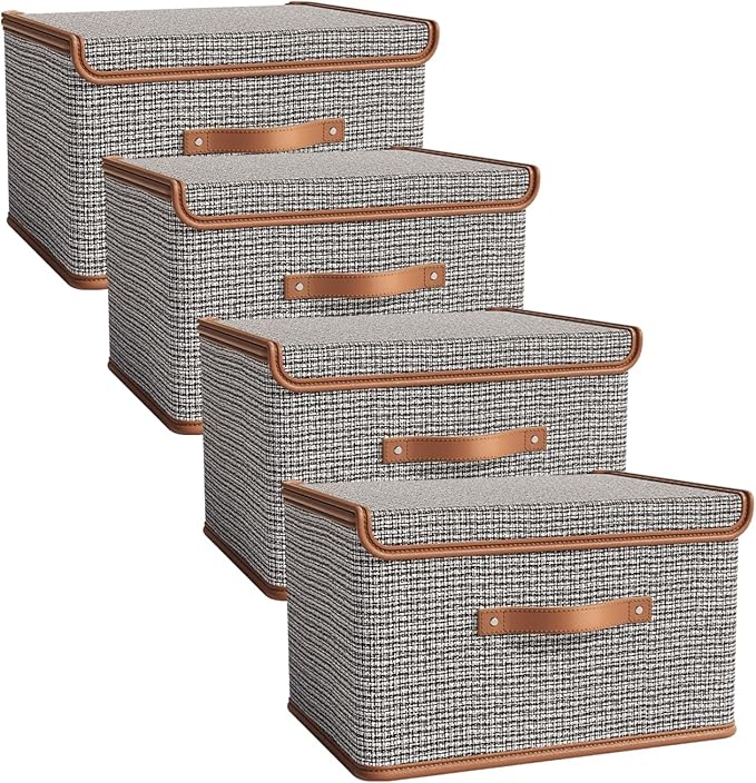 Tuza 4 Pack Storage Bins with Lids, Collapsible Closet Organizer Container, Fabric Organizer Box with Handles, Decorative Storage Boxes with Lids for Organizing Clothes, Sheet, Light Grey, Extra Large