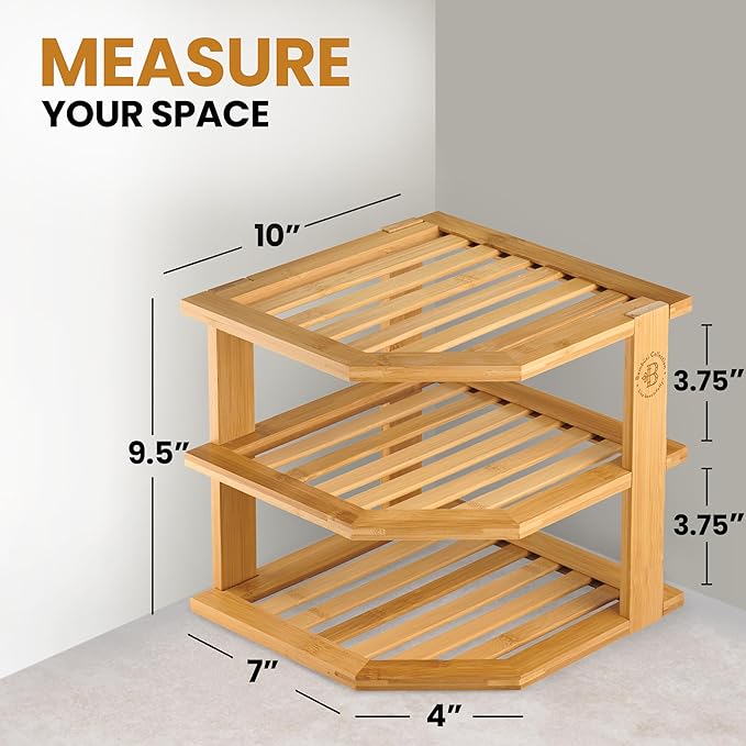 Cabinet Organizer Shelf - Bamboo Corner Rack for Kitchen Counter, Cabinet Space Saver for Plates, Dishes, Bowls, Bread - Pantry and Bathroom Storage or Countertop - Useful Home & Housewarming Gift
