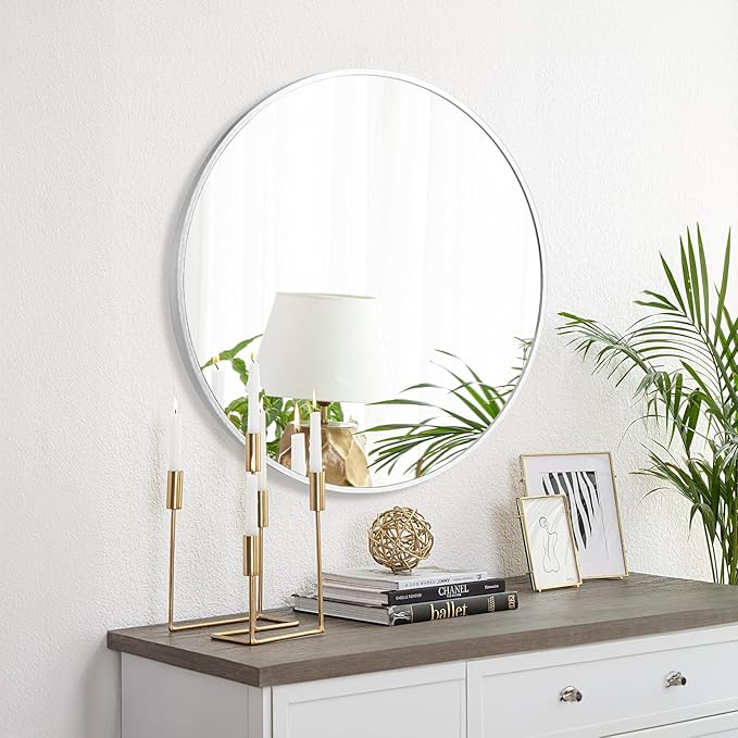 Fabuday Silver Round Mirror 30 Inch - Big Circle Mirror for Bathroom, Living Room, Hallway, Entryway, Matte Aluminum Frame Circular Mirrors for Wall Decor