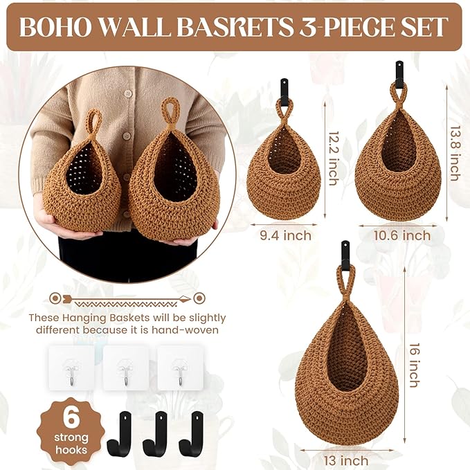 Hanging Fruit Baskets for Kitchen - 3 Pack Boho Wall Hanging Basket with 6 Pcs Strong Hooks, Handwoven Hanging Holder Teardrop Home Produce Basket for Fruits Vegetable Potato Onion Storage (Linen)