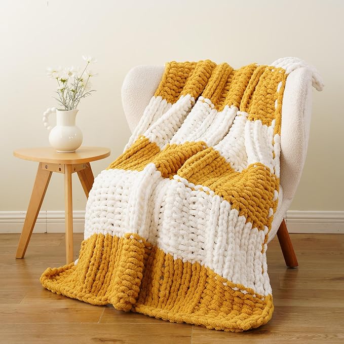 Battilo Chunky Knit Throw Blanket, Soft and Thick Chenille Throw Blanket, 50"x60" Handmade Cable Knit Crochet Blanket, Large Rope Knot Throw Blankets for Couch Sofa Bed Home Decor, Yellow & White