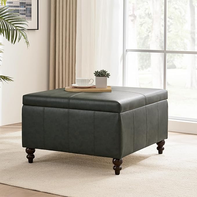 HUIMO Square Leather Storage Ottoman,Ottoman Coffee Table with Storage for Living Room (Vintagegreen)