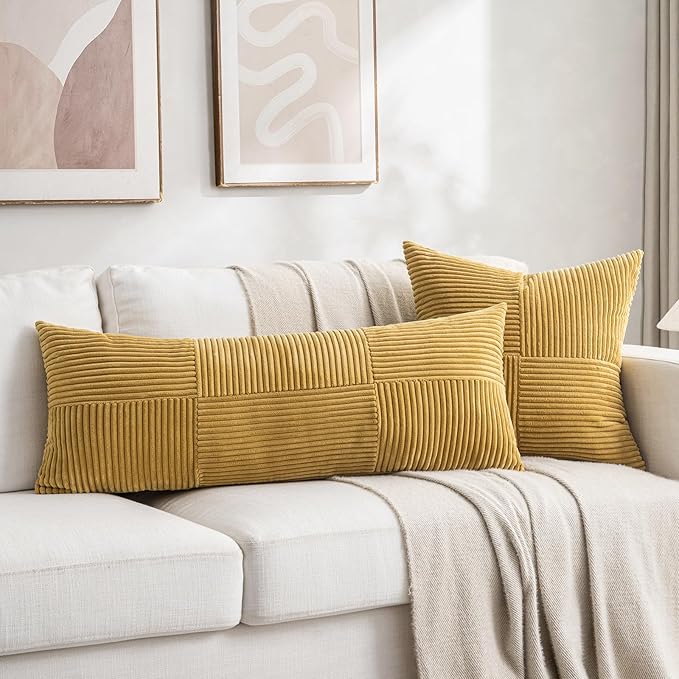 Fancy Homi 2 Packs Mustard Yellow Decorative Throw Pillow Covers 16x16 Inch for Living Room Couch Bed, Rustic Farmhouse Boho Home Decor, Soft Corss Patchwork Corduroy Textured Cushion Case 40x40 cm