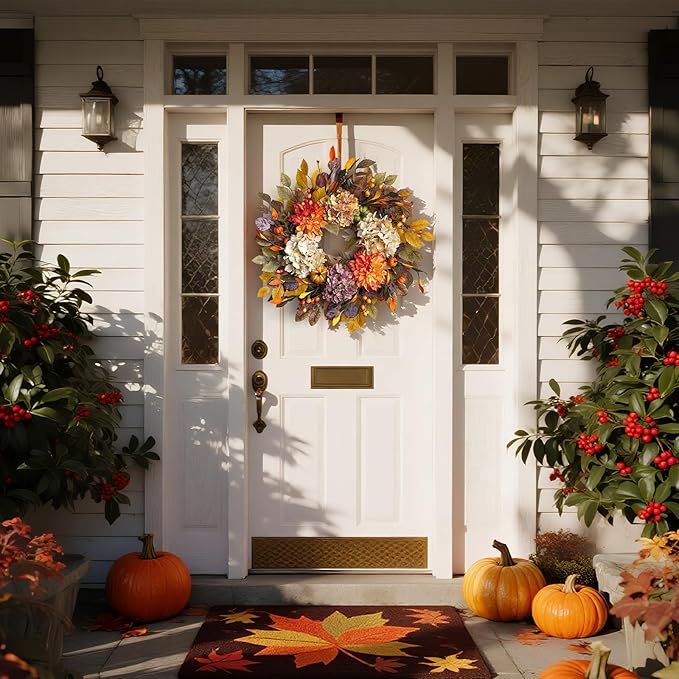 24Inch Fall Wreaths for Front Door,Fall Wreath with Beige Hydrangea,Orange Dahlia Artificial Flowers,Pumpkins,Autumn Wreaths for Harvest Thanksgiving Halloween Indoor Outdoor Home Decor