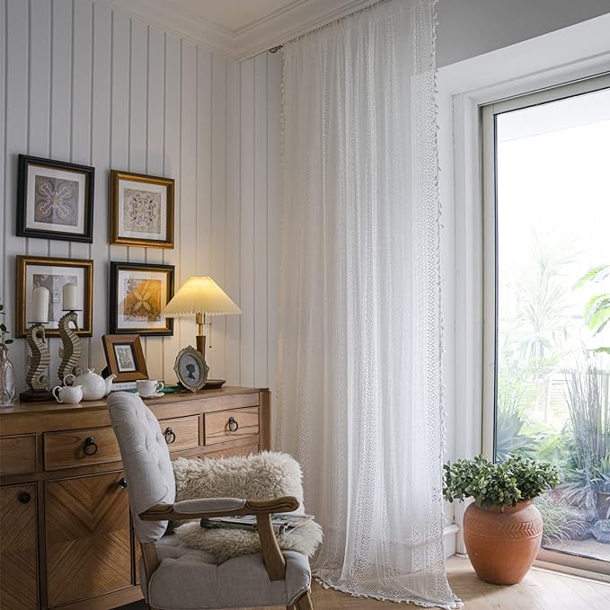 Sutuo Home White Crochet Boho Curtains 63 Inches Length, Sheer Lace Handmade Tassels Knitted Window Treatment Vintage Rustic Bohemian Farmhouse Drape for Bedroom Rod Pocket 1 Panel 59" W x 63" L