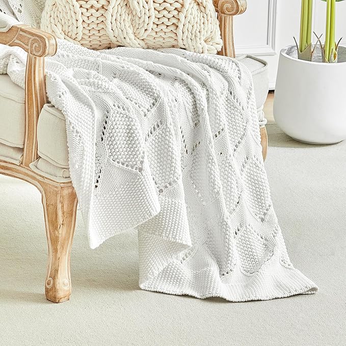 Longhui bedding Chunky Cotton Knit Throw Blanket for Couch, Sofa, Bed, or Chair, Decorative Breathable Fall Cable Knit Blanket 60 x 80 Inches, Large Medium Weight Cream