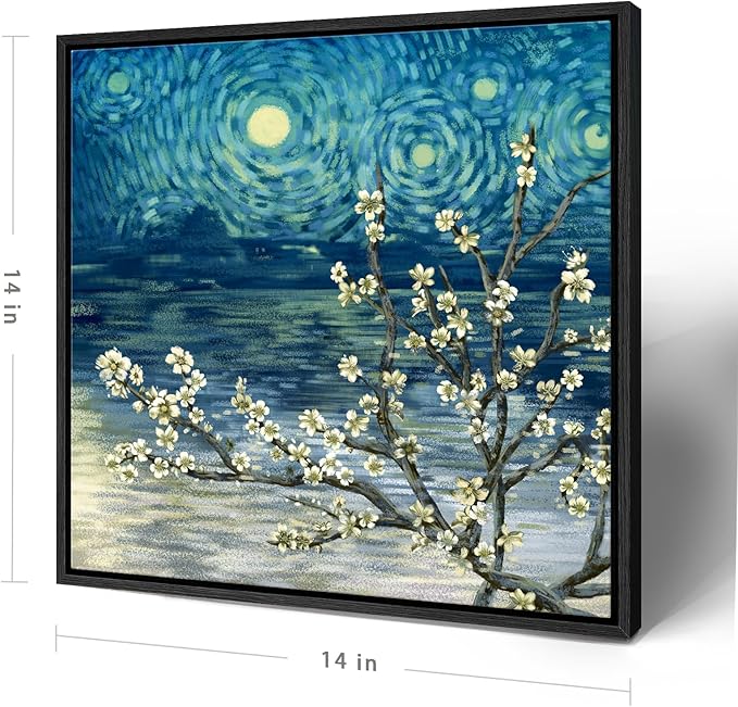 Framed Wall Art Bathroom Décor Modern Floral Tree Canvas Picture Plum Blossom Starry Night Flower Canvas Print Abstract Lake Blue Teal Yellow Painting for Modern Living Room Bedroom Office Décor Small