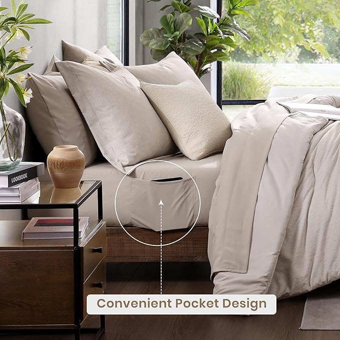 Monbix California King Comforter Set - 7 Pieces Cationic Dyeing Oatmeal Bed in a Bag Cal King Bed Sets with Comforter, Sheets, Pillowcases & Shams, Reversible Bedding Comforters Sets (108 * 92)