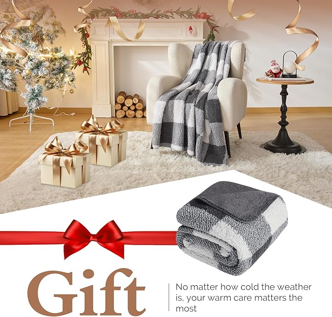 LURKA Checkered Sherpa Fleece Throw Blanket - Extra Thick and Warm Winter Soft Fuzzy Plush Blanket for Couches, Beds & Pets, Smoke Grey, 50x60 Inches