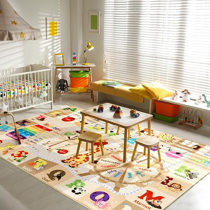 6x9 Playroom Rugs for Kids Washable, Educational and Fun Playmat with ABC Alphabet Animals Shapes Colors, Non-Slip Play Mat Learning Rugs for Baby Toddler Children Game Activity，Beige, Pink