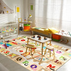 Kids Rugs for Playroom Washable, Educational and Fun Learning Rugs with ABC Alphabet Animals Shapes, Baby Toddler Children's Play Mat for Bedroom Classroom Nursery, 3x5 Feet, Beige and Pink