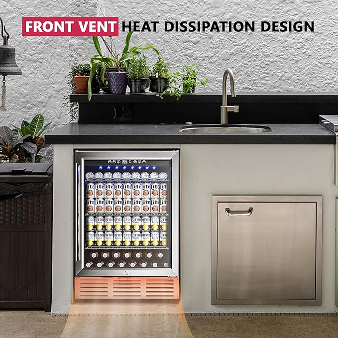 24 Inch Beverage Refrigerator, Beverage Cooler 180 Can Built-in Design, Under Counter Beer Fridge with Glass Door for Soda, Wine, Water - For Kitchen, Office or Bar