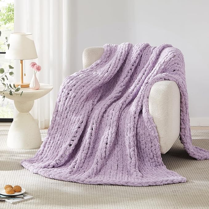 L Agusty Chunky Knit Blanket Throw: 72''x84'' Chenille Thick Knitted Throw Blanket for Bed, Couch - Handmade Large Purple Chunky Rope Blanket for Home Decor