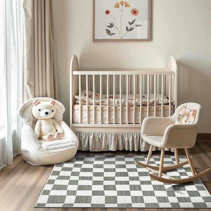 jinchan 3x5 Checkered Area Rugs for Kids Room - Machine Washable Soft Rug Modern Geometric Lattice Non-Slip Carpet for Nursery Playroom Bedroom Entryway Living Room Dining Room Home Office Grey