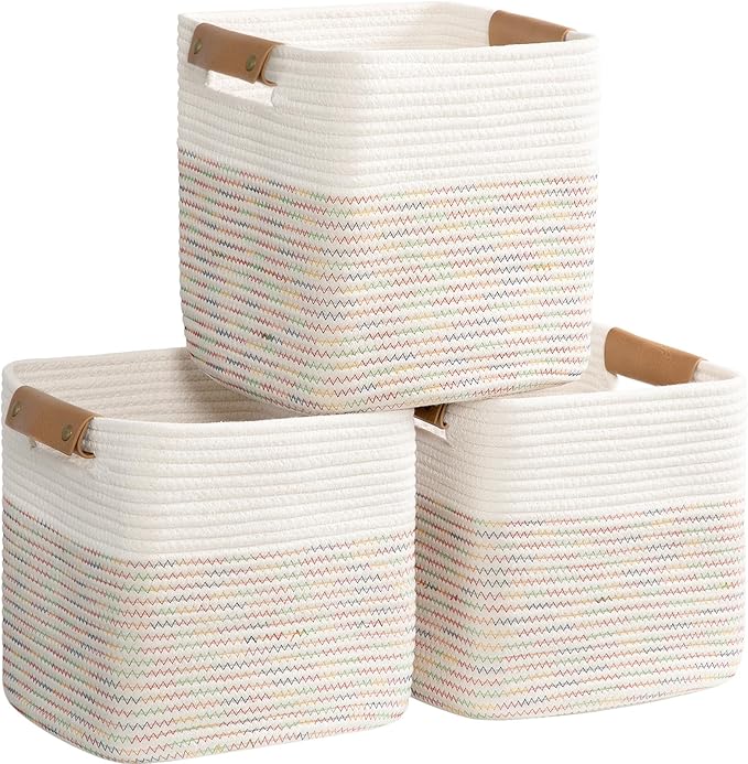 danpinera 11"x11" Storage Cubes, Soft Boho Storage Basket with Neat Stitching, 3-Pack Cube Storage Organizer, Woven Baskets for Storage in Living Room, Kids Room, Bedroom, Rainbow