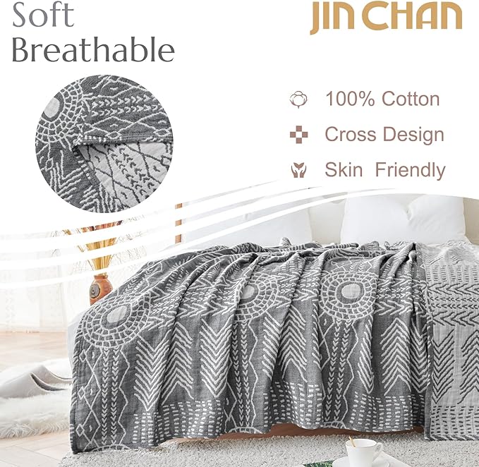 jinchan Boho 100% Cotton Muslin Blanket 3-Layer Queen Size 80x90 Inches Geometric Grey Lightweight Reversible Soft Cozy Comfy Throw for Couch Sofa Bed Large Coverlet Quilt Blanket Bedroom All Seasons