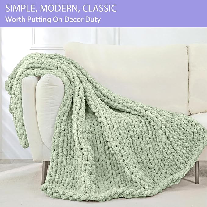 Bigacogo Chunky Knit Throw Blanket for Couch, 40x60 inches, 100% Hand Knitted with Thick Jumbo Chenille Yarn, Cozy Soft Large Rope Knot Cable Crochet Blankets for Sofa Bed Living Room, Sage Green