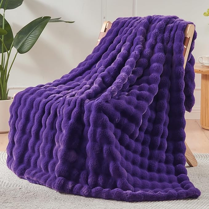 NEWCOSPLAY Faux Fur Twin Blanket Purple Bubble Blanket Thick Warm Soft for Couch Sofa Bed 550GSM (Purple, Twin(60"x80"))