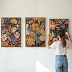 SIGNINART Orange Floral Framed Canvas Wall Art Set of 3, Mid Century Modern Flower Wall Decor, Neutral Plant Artwork, Boho Botanical Art Prints for Bedroom Living Room Office 16"x24"x3